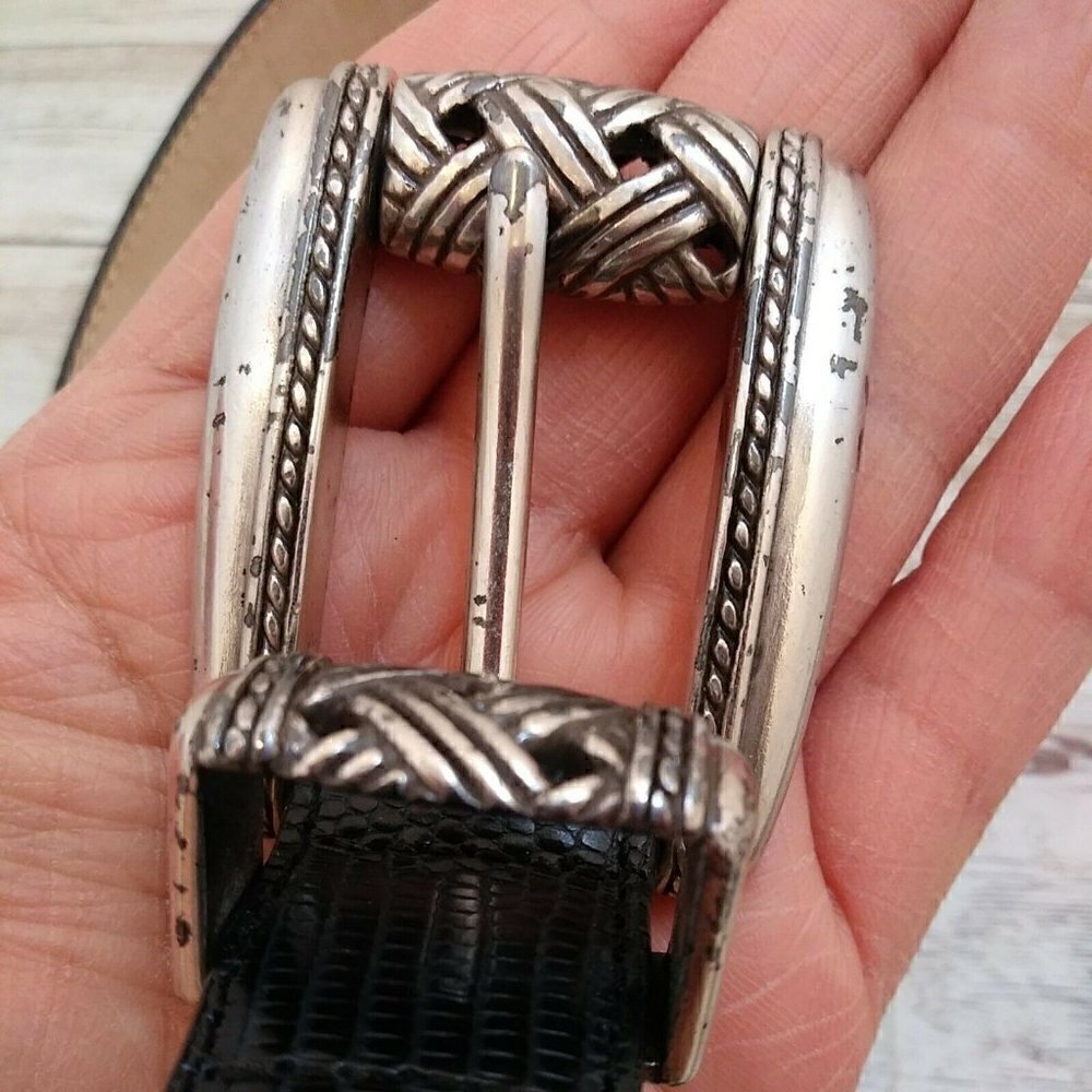 BRIGHTON BLACK REPTILE exotic printed Leather Belt SILVER Buckle M - Picture 9 of 11